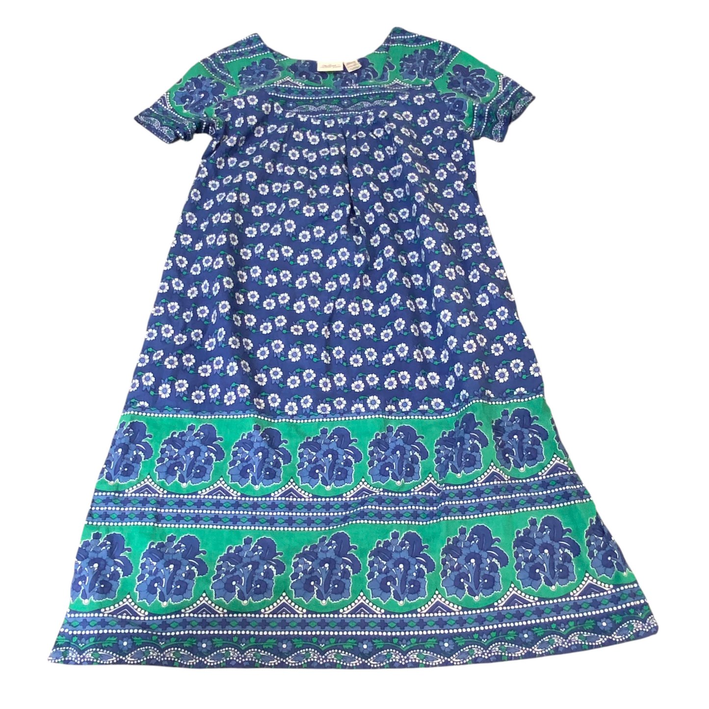 The Vermont Country Store Muumuu Dress Womens XS Blue Green Floral Pleated