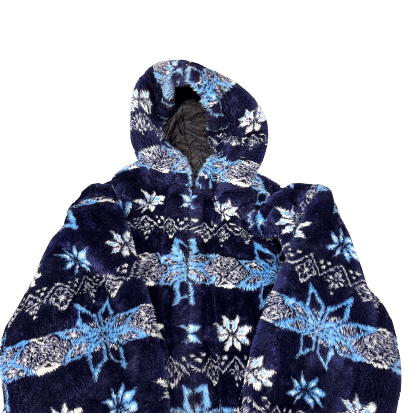 Womens Fleece Jacket Large Navy Quilted Lined Hooded Full Zip Drawstring Hem