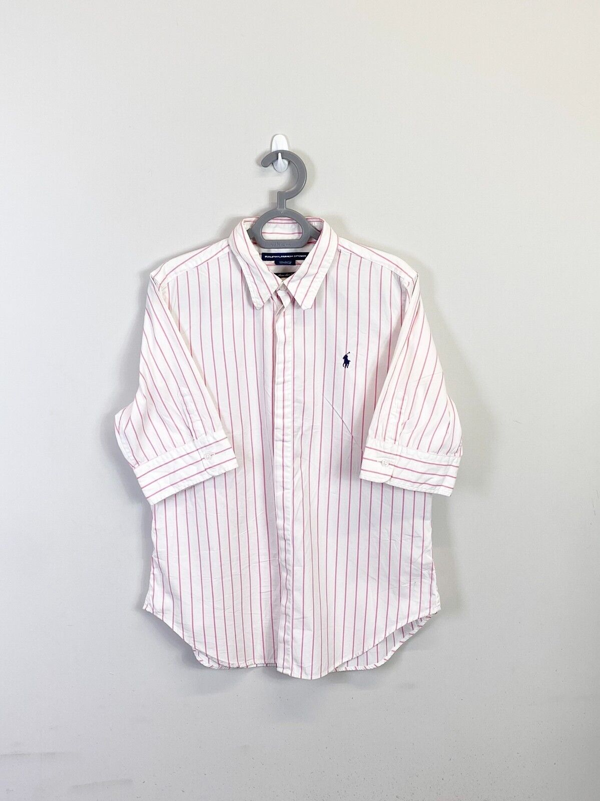 Ralph Lauren Shirt Mens Medium Pink Striped Slim Fit Small Black Polo Pony Logo