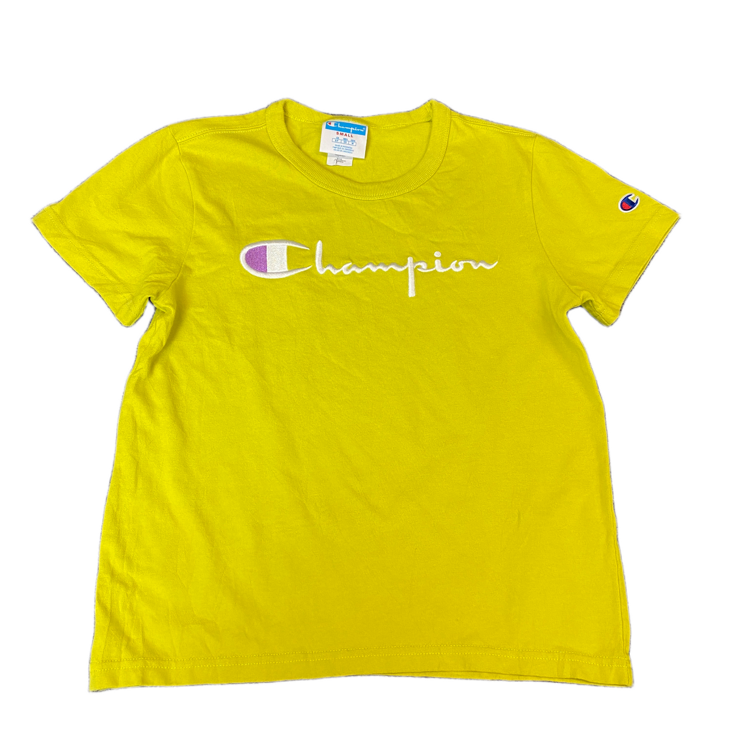 Champion T-Shirt Girls Small Yellow Embroidered Logo Short Sleeve Crew Neck Tee