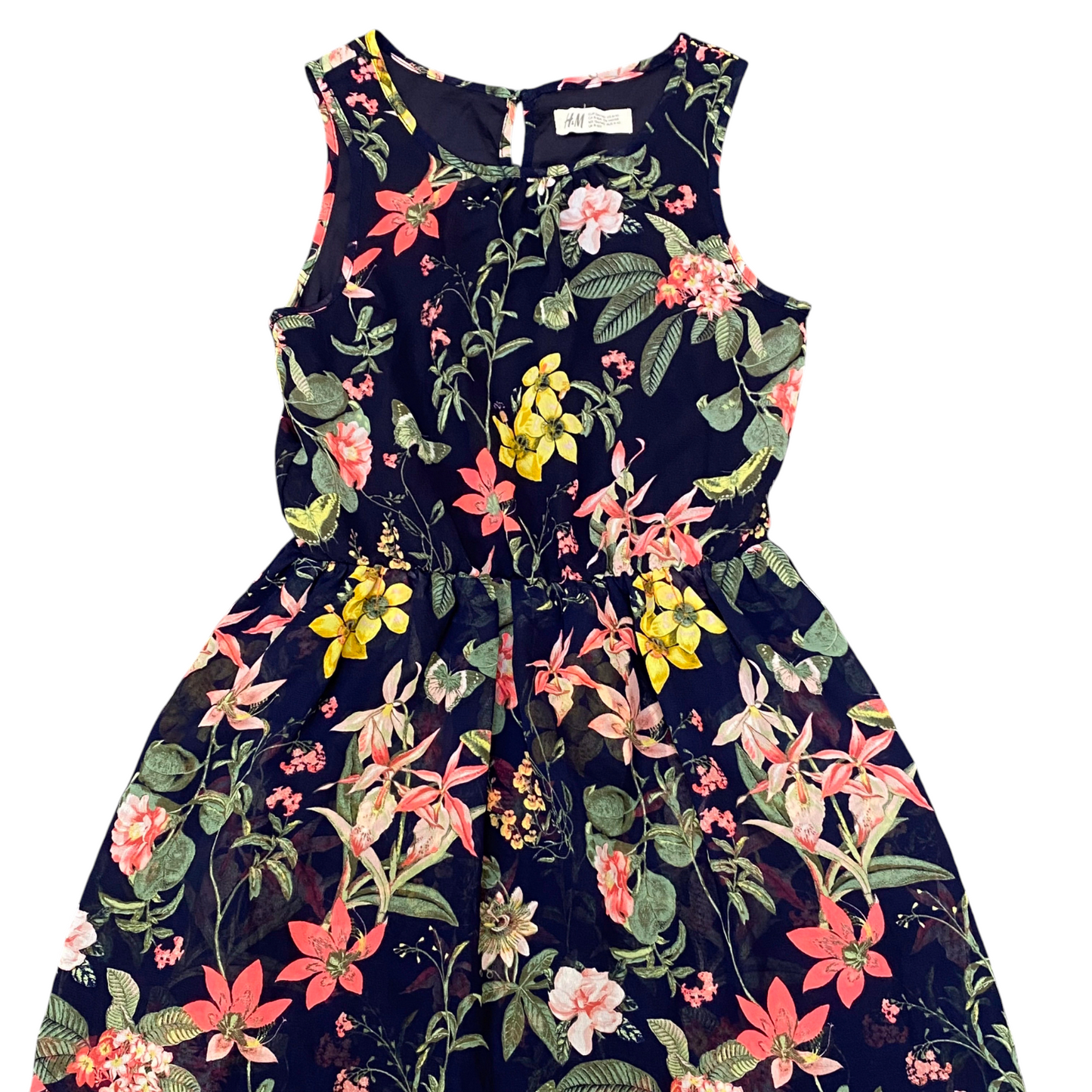 H&M Tank Dress Girls S Blue Floral Pleated Sleeveless Round Neck Keyhole Back