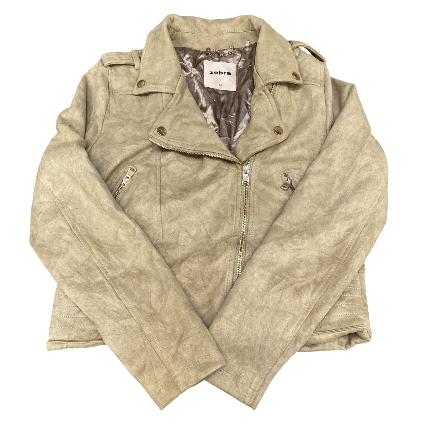 Zebra Suede Leather Motorcycle Jacket Women M Beige Notch Lapel Asymmetrical Zip