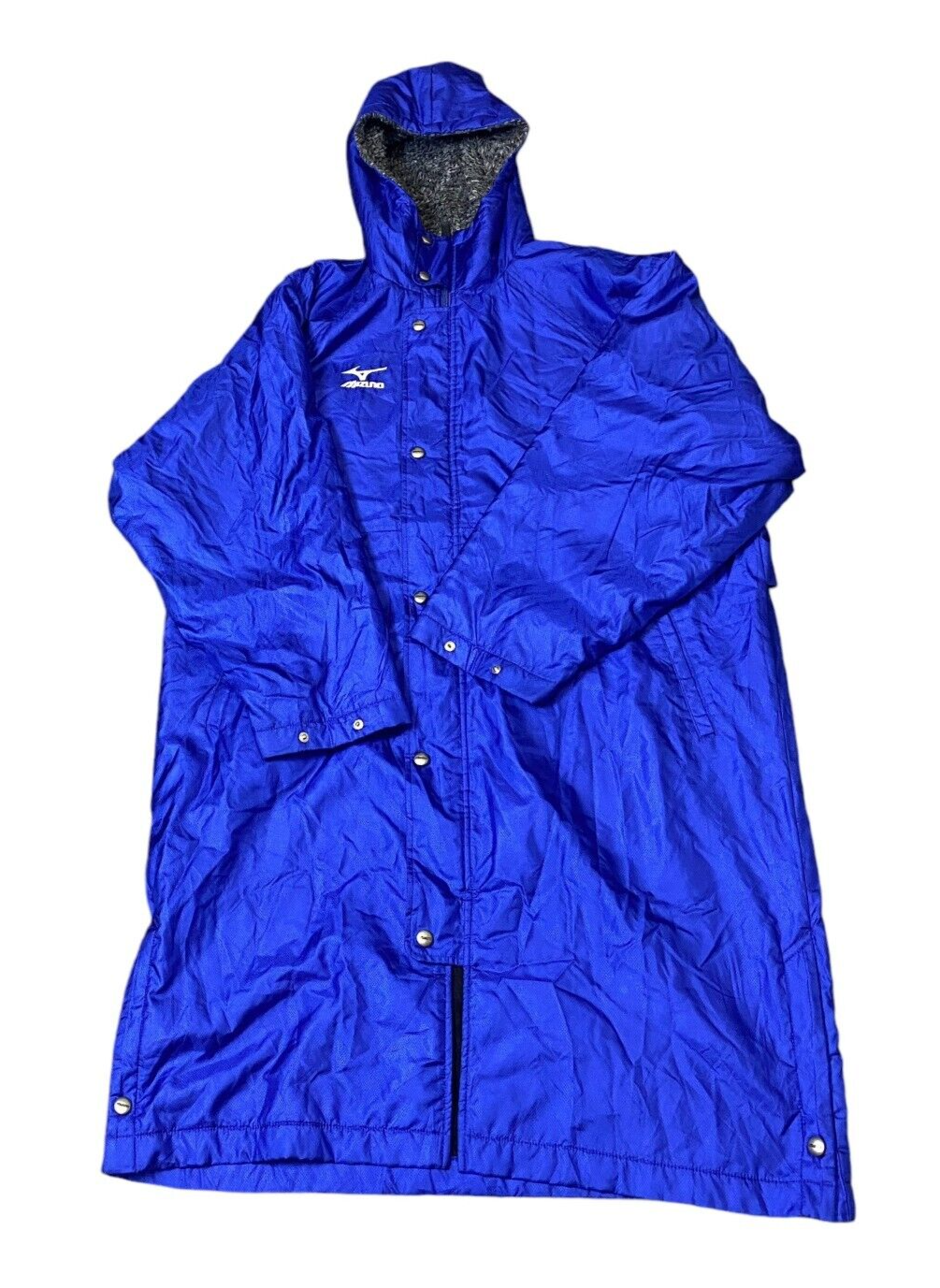 Mizuno Long Padded Boa Coat Men's Large Blue Fleece Lined Hooded Snap Full Zip