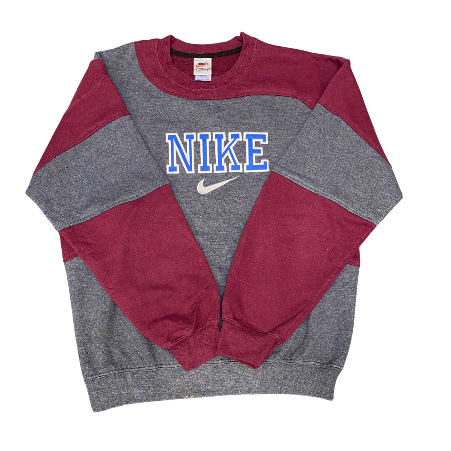 Nike Reworked Sweatshirt Mens Medium Grey Red Embroidered Spell Out Logo