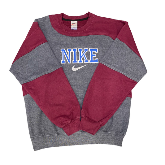 Nike Reworked Sweatshirt Mens Medium Grey Red Embroidered Spell Out Logo