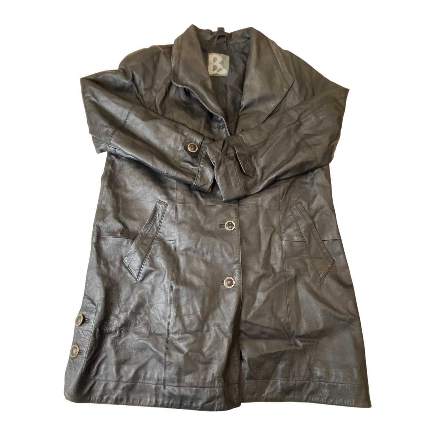 Womens Leather Trench Coat Medium Black Long Sleeve Shawl Lapel Single Breasted