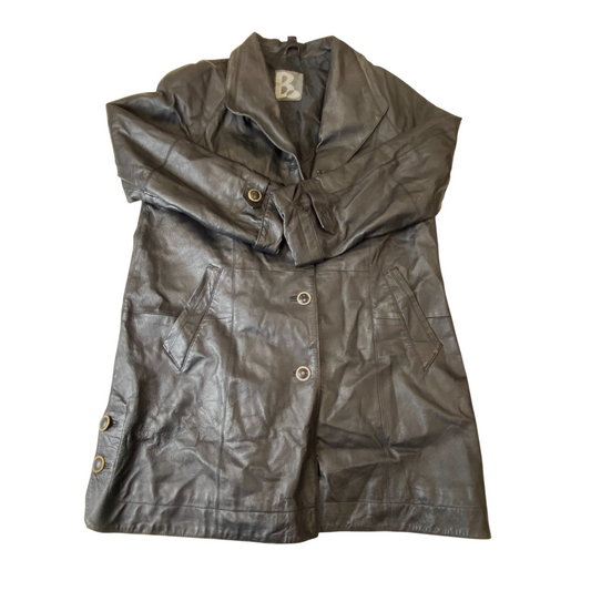 Womens Leather Trench Coat Medium Black Long Sleeve Shawl Lapel Single Breasted