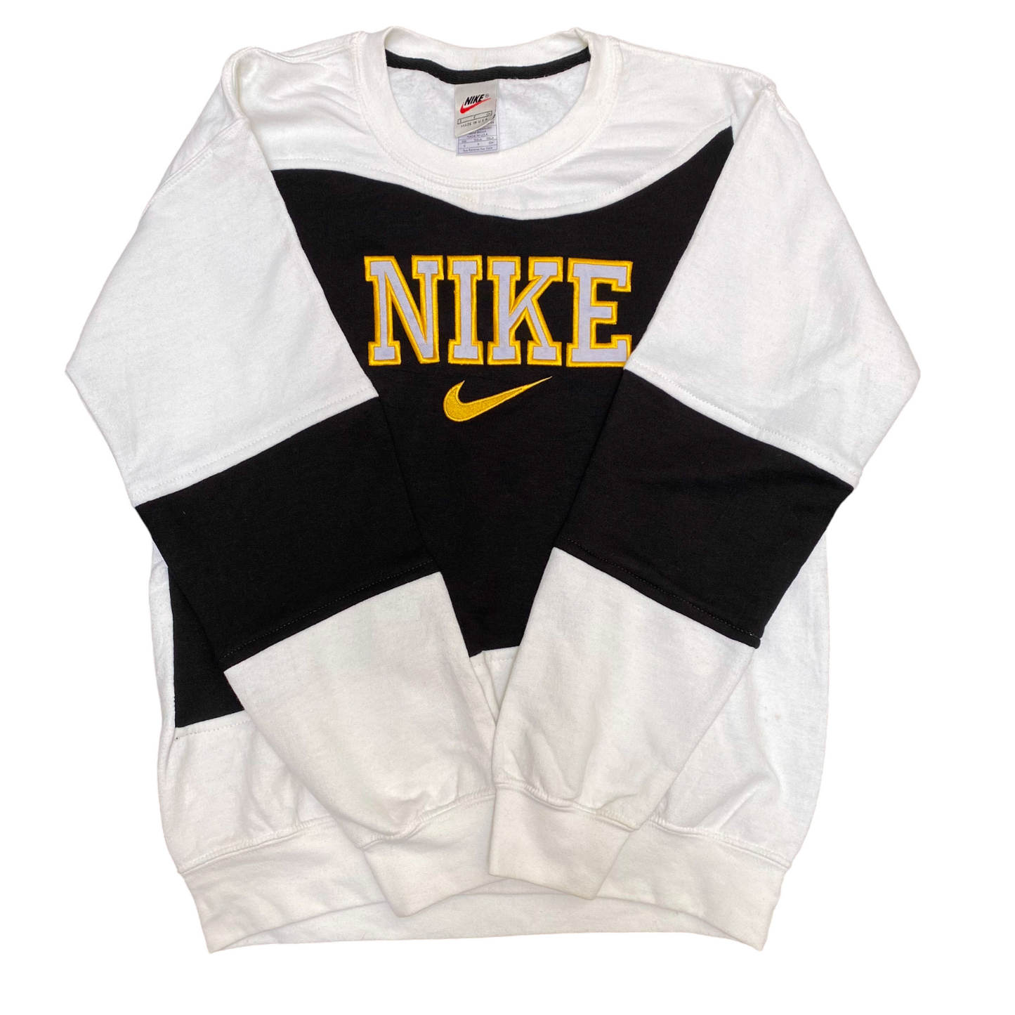 Nike Reworked Sweatshirt Mens S White Black Embroidered Spellout Logo Crew Neck