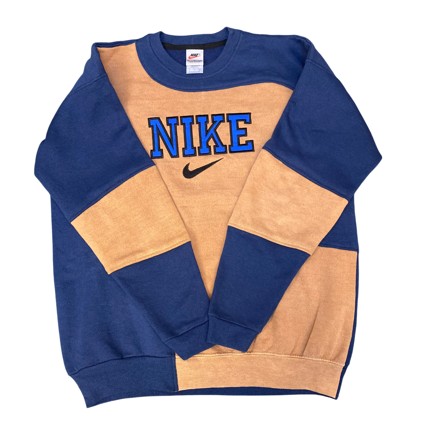 Nike Reworked Sweatshirt Mens Medium Blue Brown Embroidered Spell Out Logo