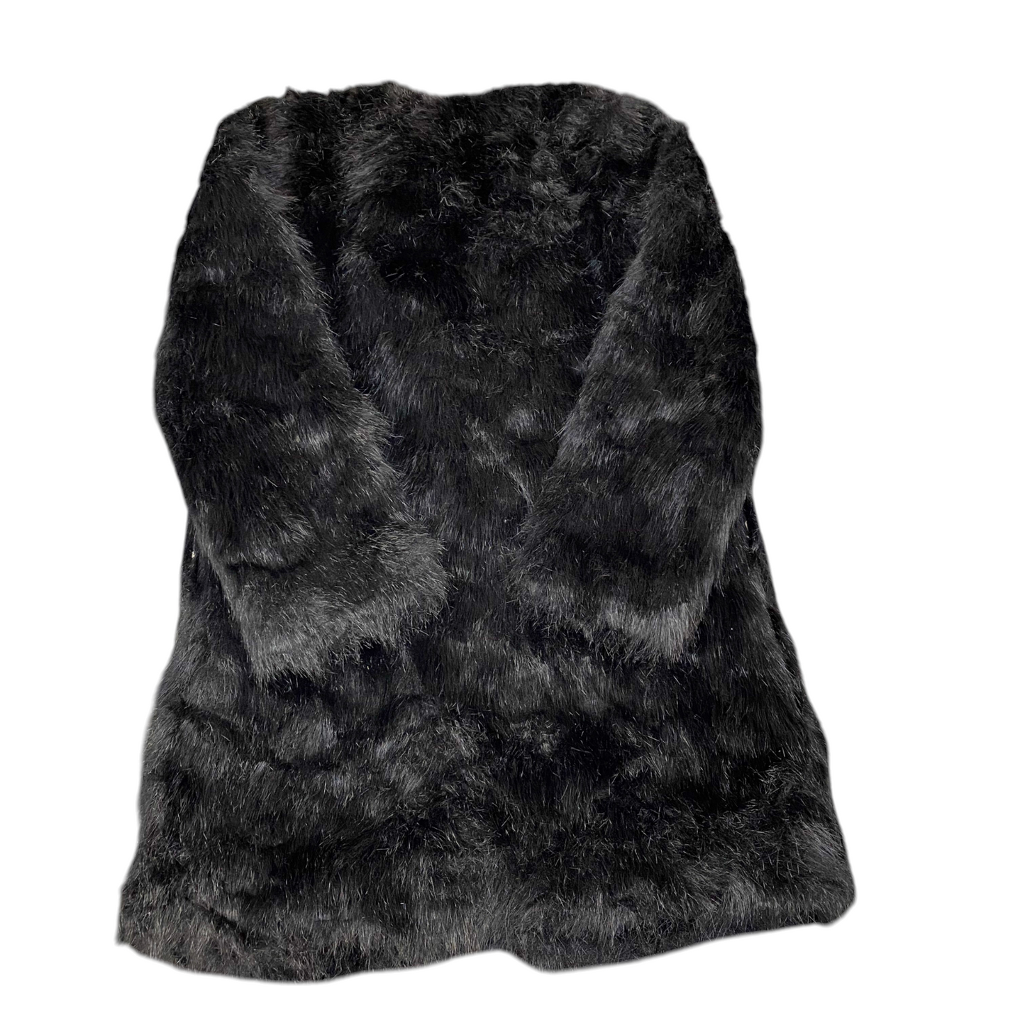 Womens Faux Fur Coat Small Black Lined Mid Length Fuzzy Long Sleeve Open Front