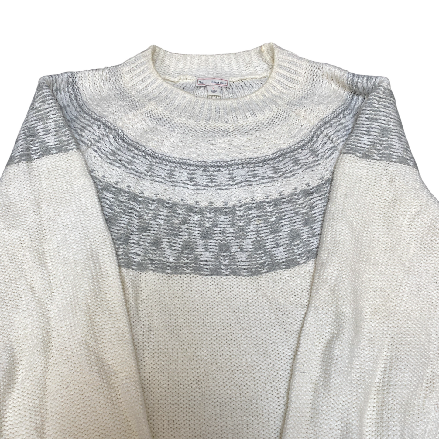 Gap Jumper Womens Large White Grey Fair Isle Wool Blend Long Sleeve Crew Neck