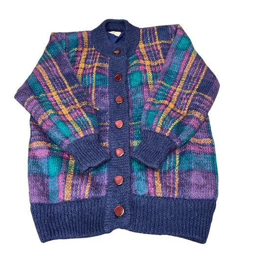 Rocca 21 Cardigan Jumper Womens Medium Multi Wool Plaid Look Fuzzy Button Front