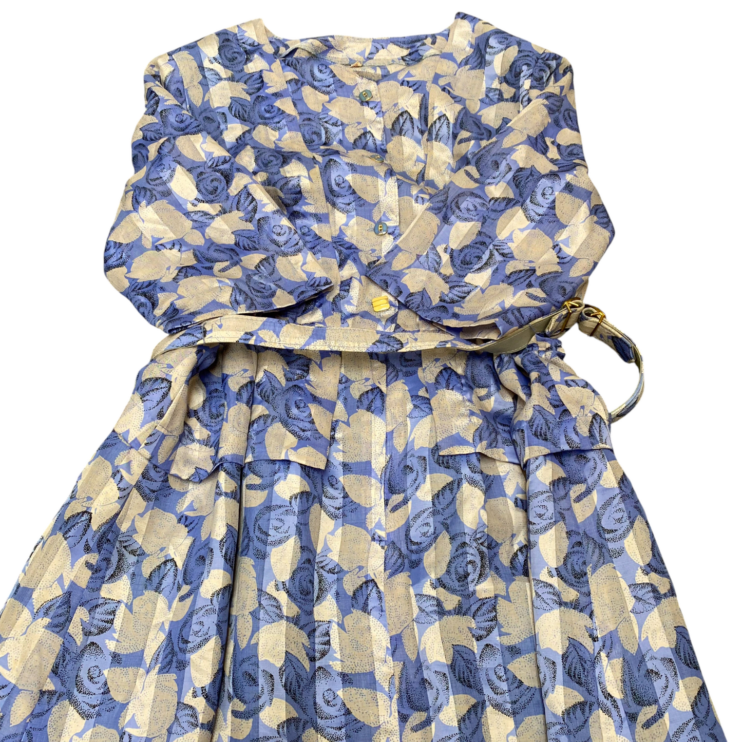 Womens Midi Dress S Cream Blue Floral Short Sleeve V Neck Button Front Outdoor