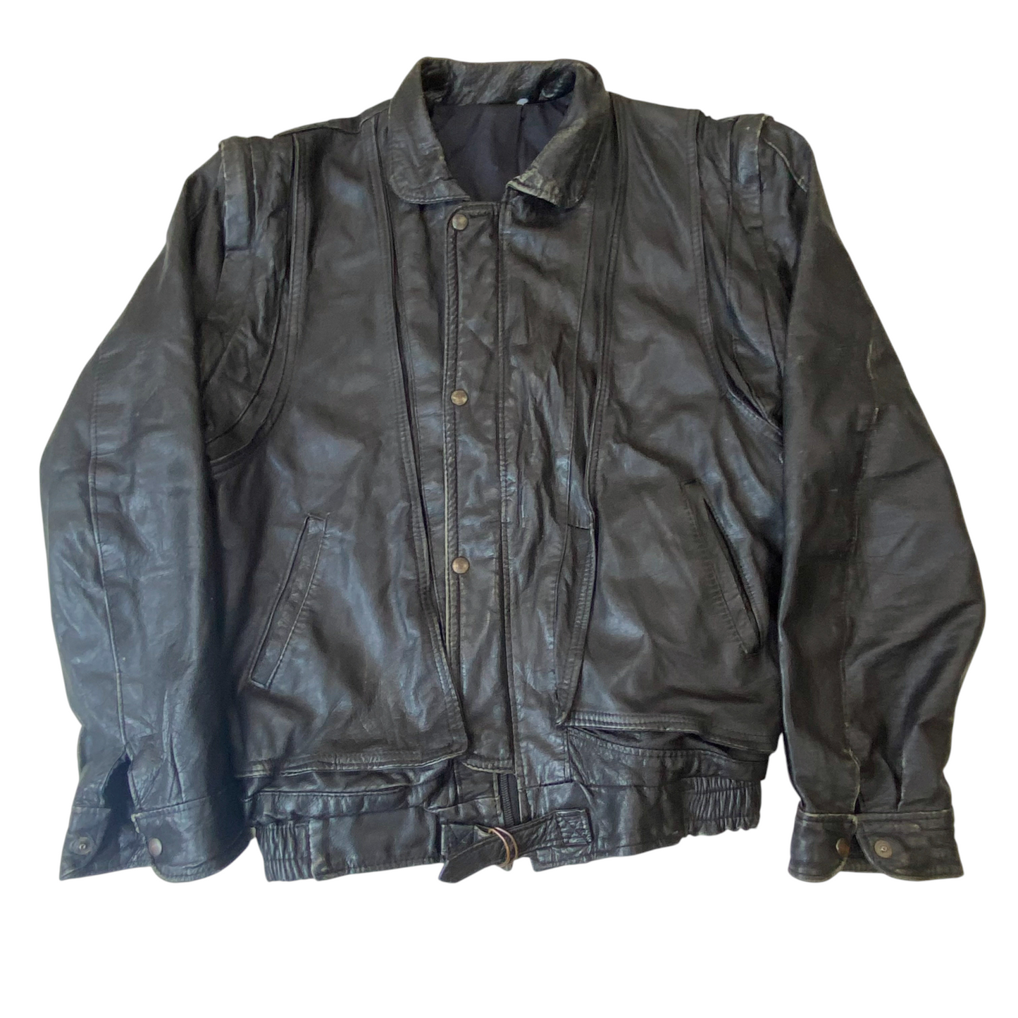 Jacket Mens Large Black Genuine Leather Pockets Long Sleeve Collared Snap Front