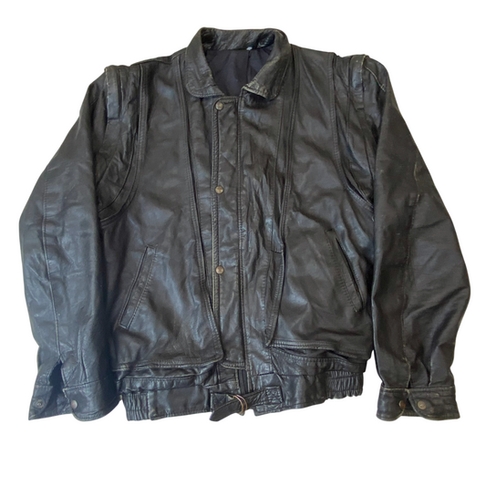 Jacket Mens Large Black Genuine Leather Pockets Long Sleeve Collared Snap Front