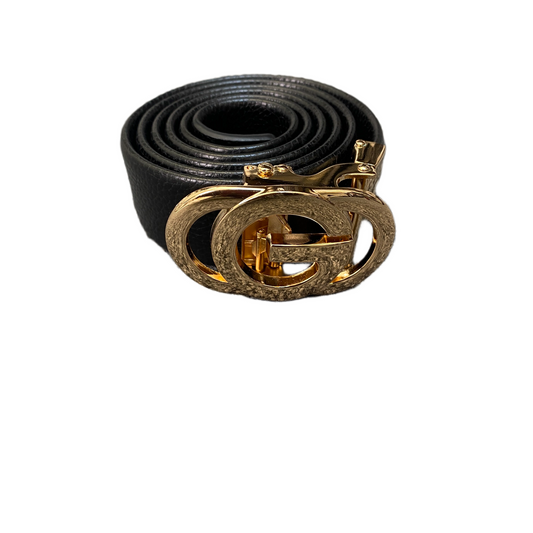 Waist Belt Mens Black Leather Adjustable Gold-Tone Double G Buckle 43 inches