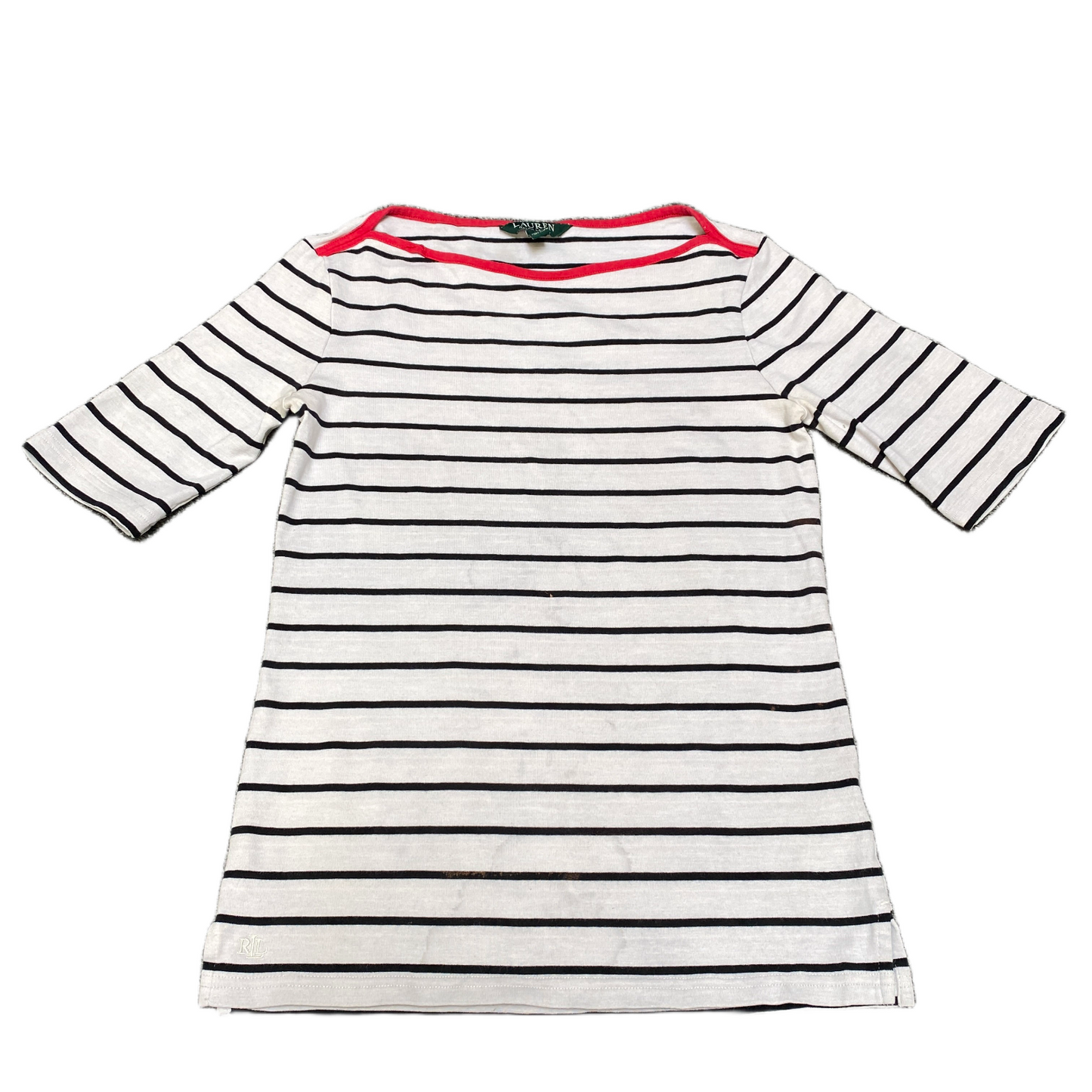 Ralph Lauren T-Shirt Girls Small White Black Striped Side Slit 3/4 Sleeve Tee