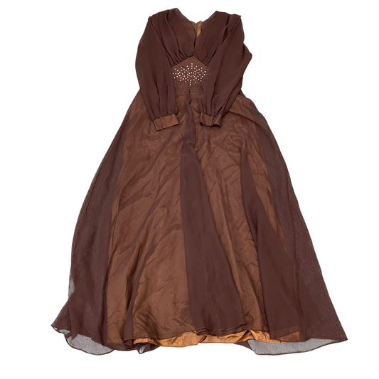 Womens A Line Maxi Dress M Brown Lined Sequin Sheer Long Sleeve V Neck Back Zip