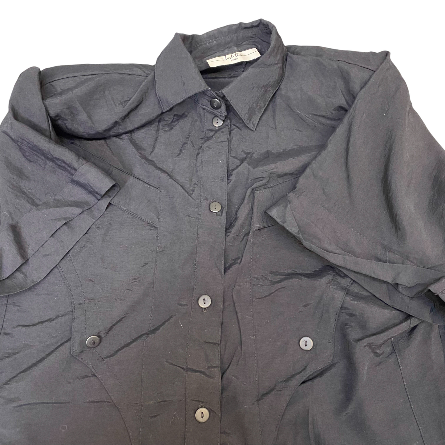 Lohitta Shirt Womens L Black Solid Casual Short Sleeve Collared Button Front