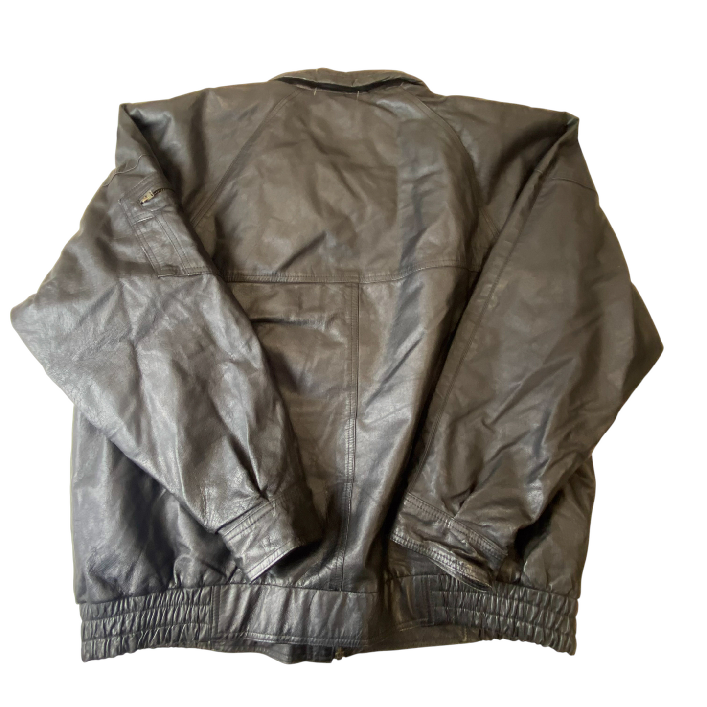 Mens Real Leather Jacket XL Black Lined Snap Button Inside Zip Elasticated Hem