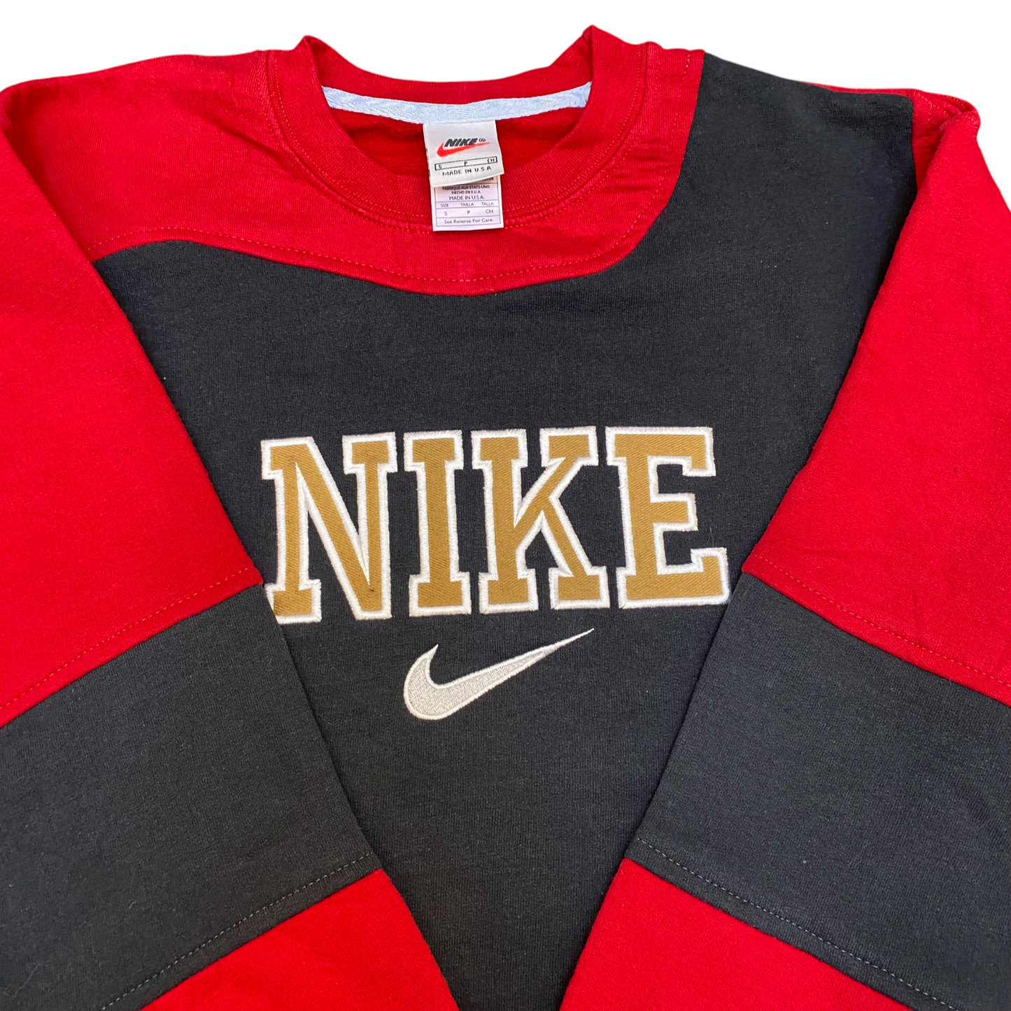 Nike Reworked Sweatshirt Mens S Red Black Embroidered Spellout Logo Crew Neck