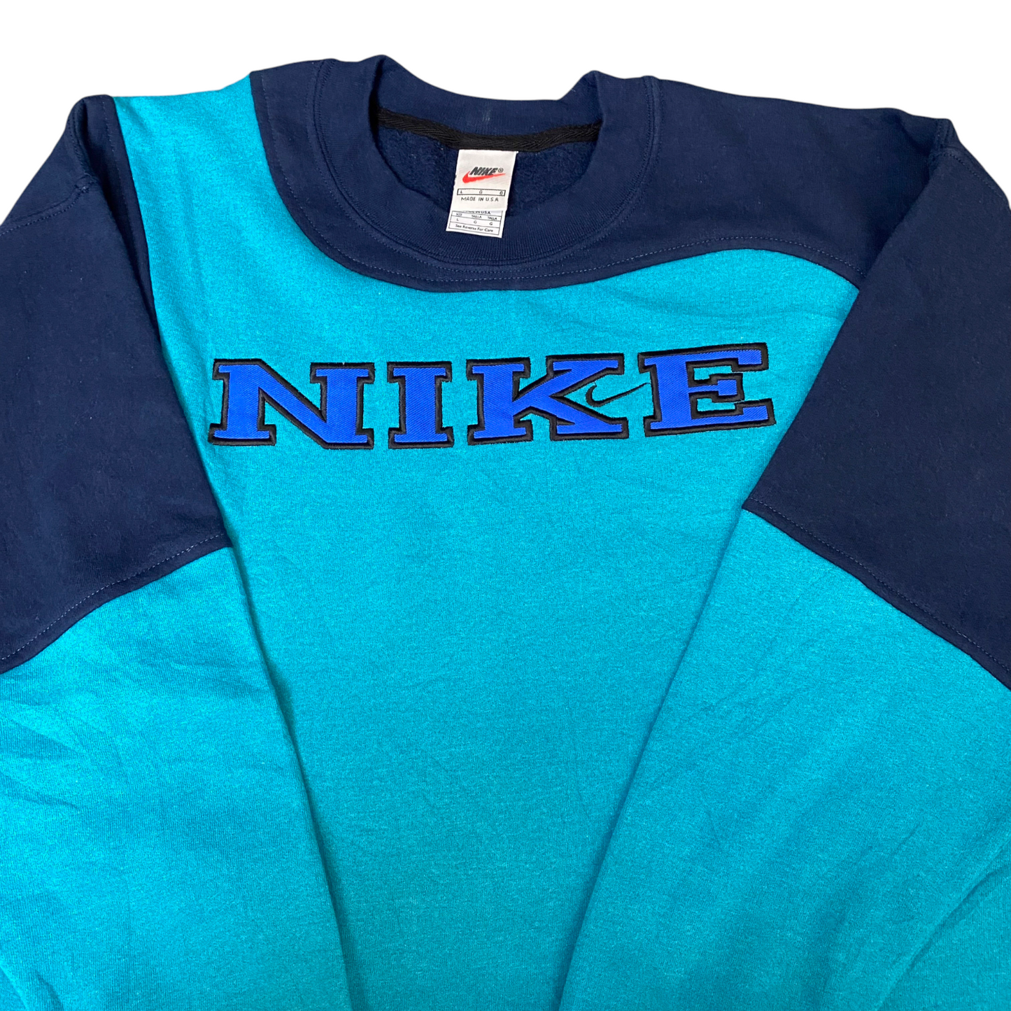 Nike Reworked Sweatshirt Mens L Navy Aqua Embroidered Spellout Logo Vintage Y2K
