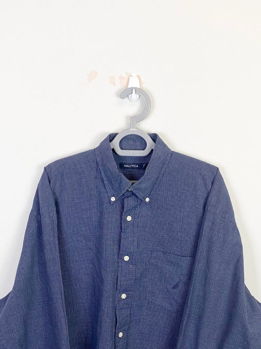 Nautica Shirt Mens XL Blue Checkered Long Sleeve Pocket Collared Button Down