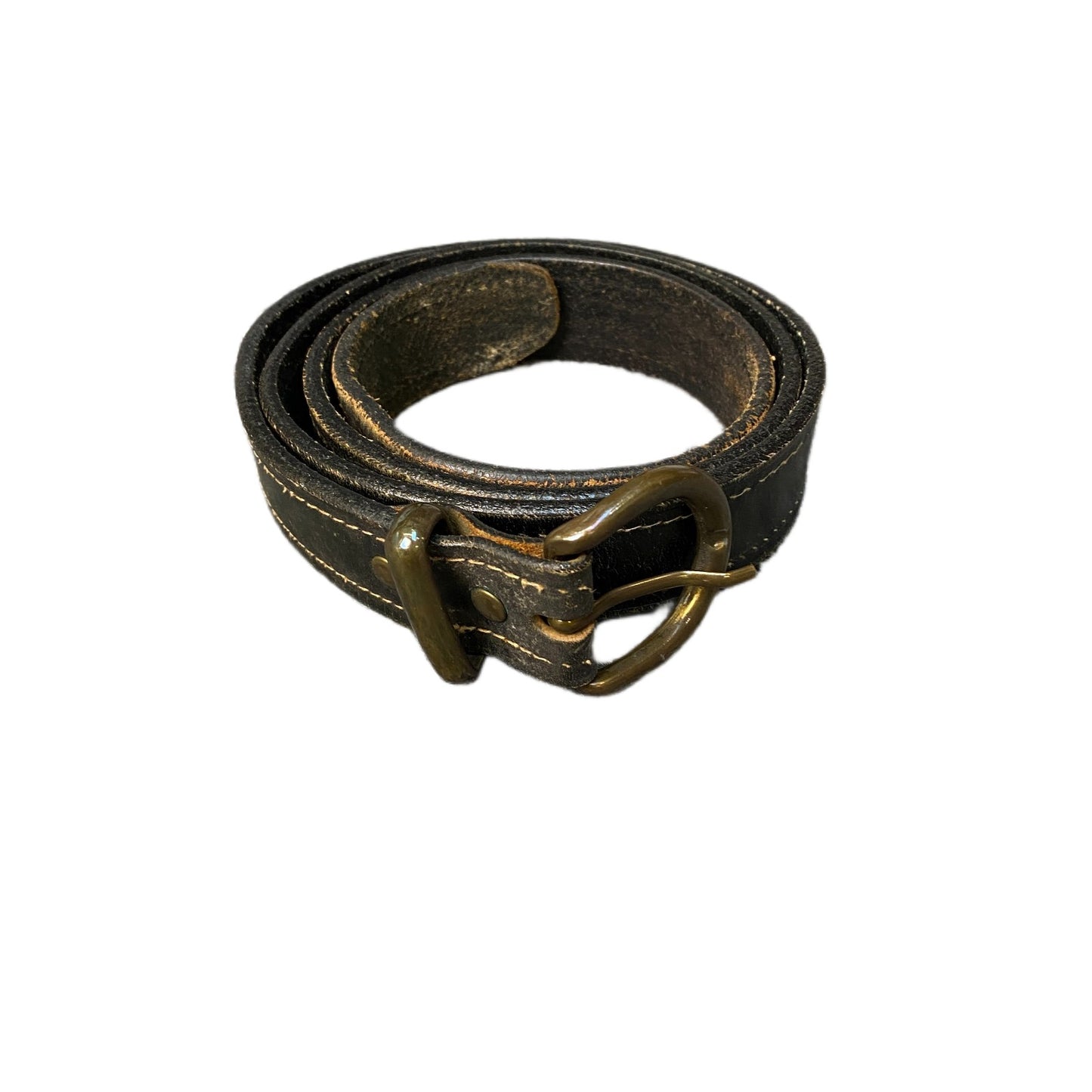 Vintage Waist Belt Mens Black Leather Adjustable Brass D-Shape Buckle 45 Inches