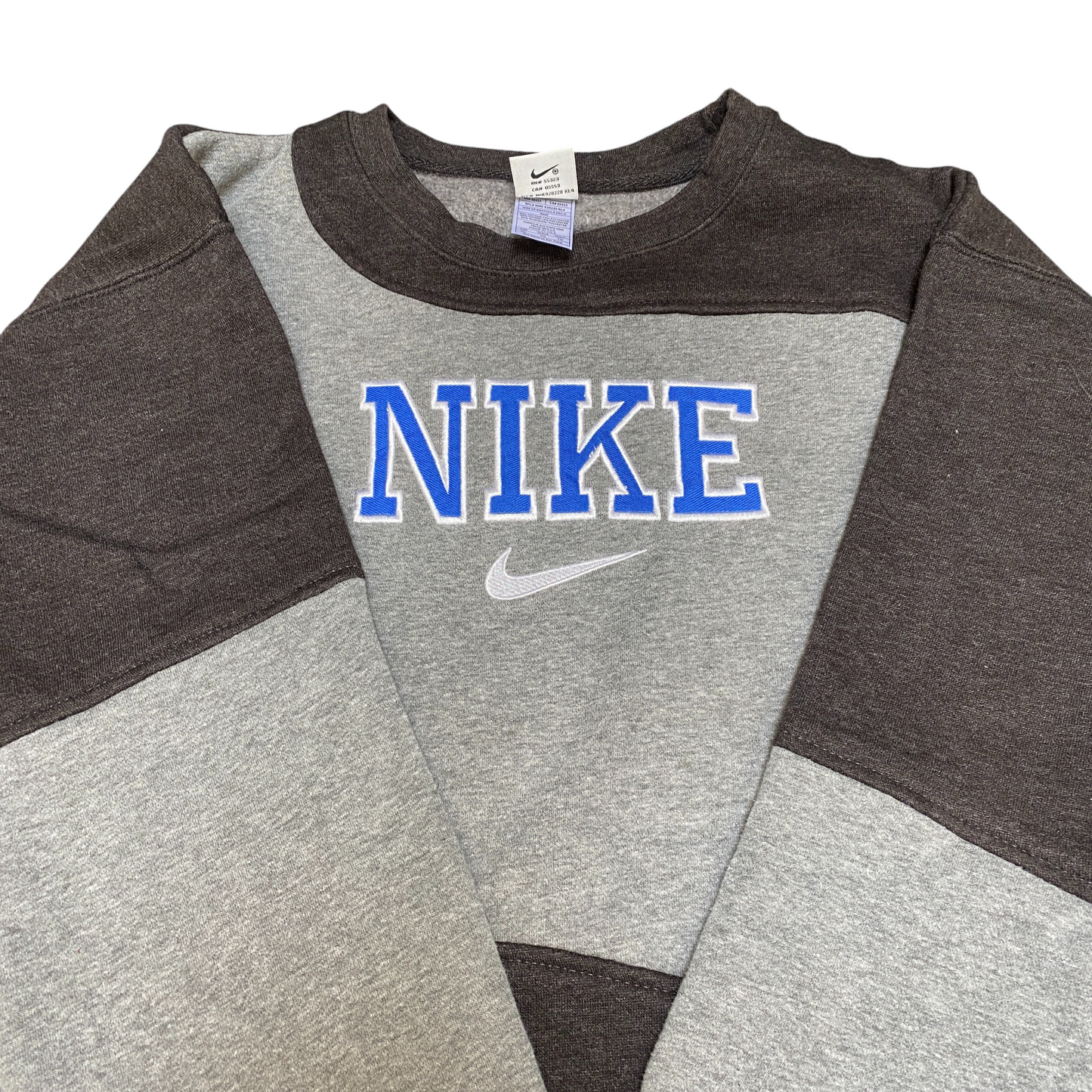 Nike Reworked Sweatshirt Men XL Grey Brown Embroidered Spellout Logo Vintage Y2K