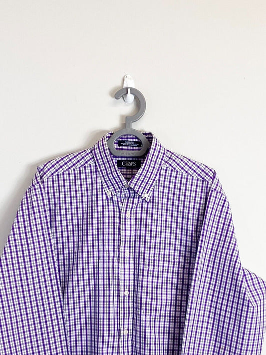 Chaps Dress Shirt Mens M Purple Checkered Wrinkle Free Collar Casual Button Down