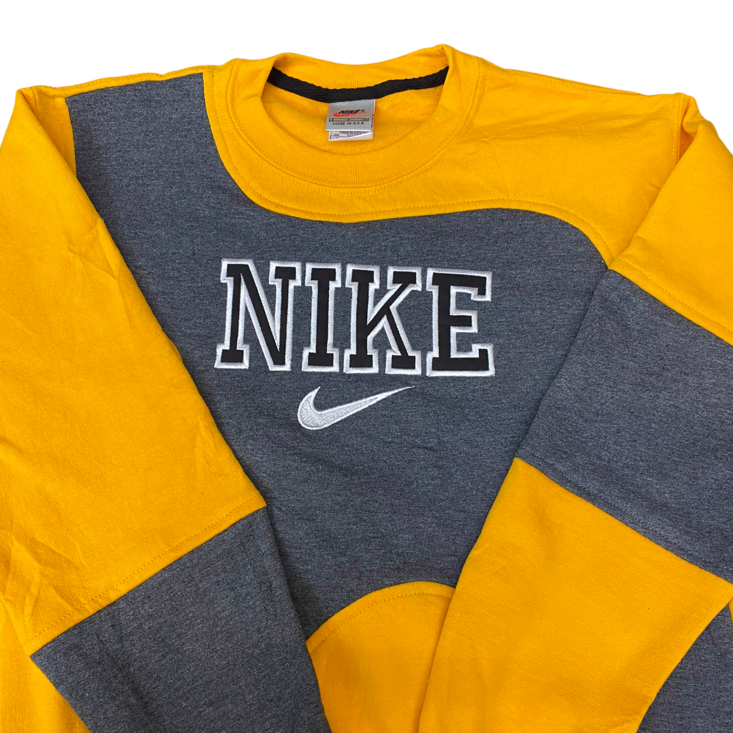 Nike Reworked Sweatshirt Mens S Grey Yellow Embroidered Spellout Logo Vtg Y2K
