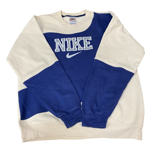Nike Reworked Sweatshirt Mens L Navy Beige Embroidered Spellout Logo Vintage Y2K