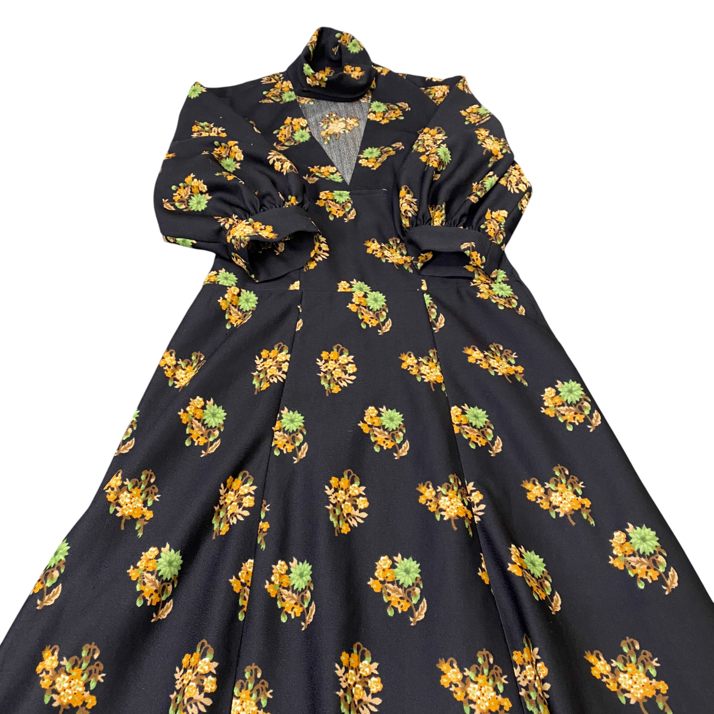 Long Maxi Dress Womens S Black Golden Floral Balloon Sleeve V-Neck Side Zipper