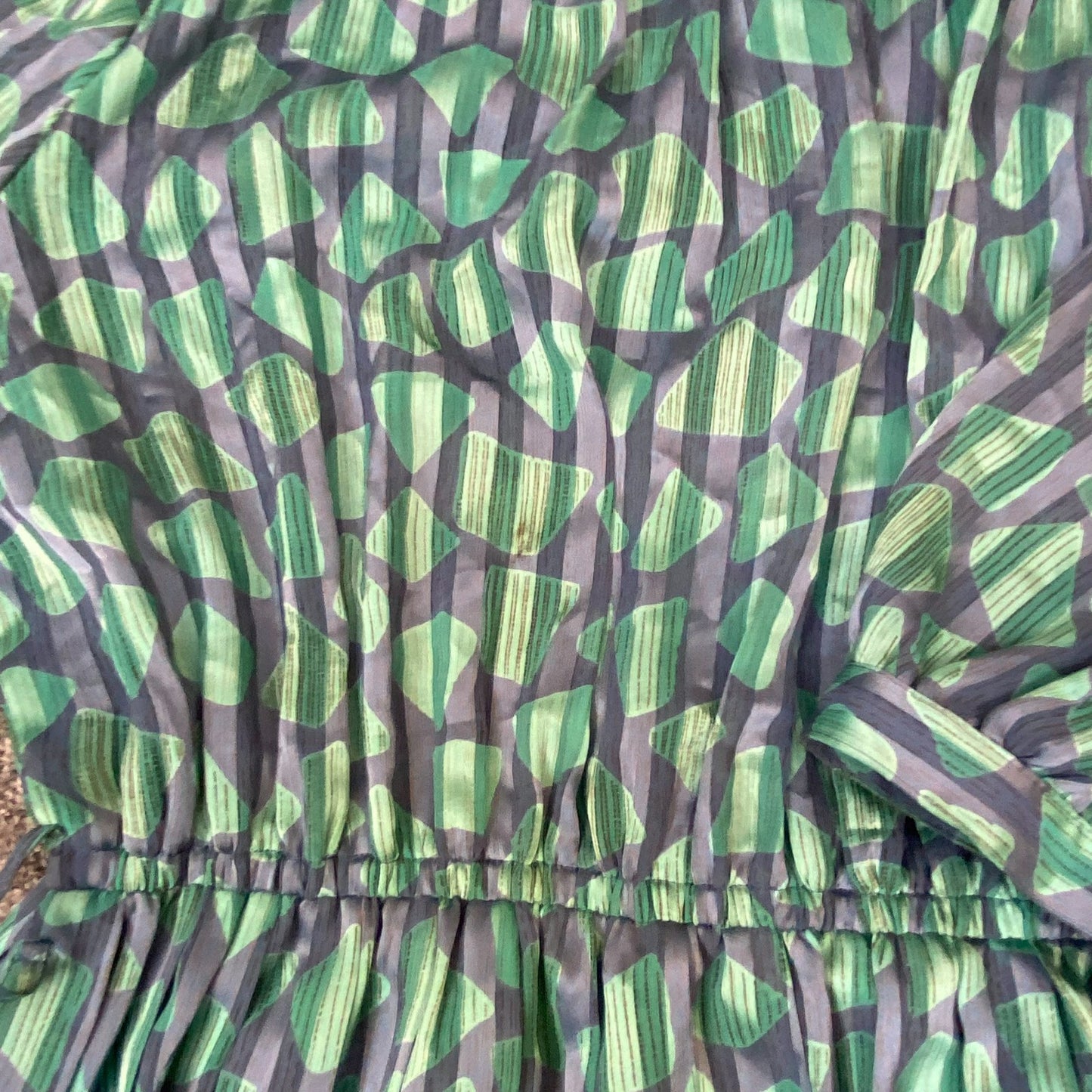 Caro Lanian A Line Dress Womens L Green Blue Geometric Pleated Button Front