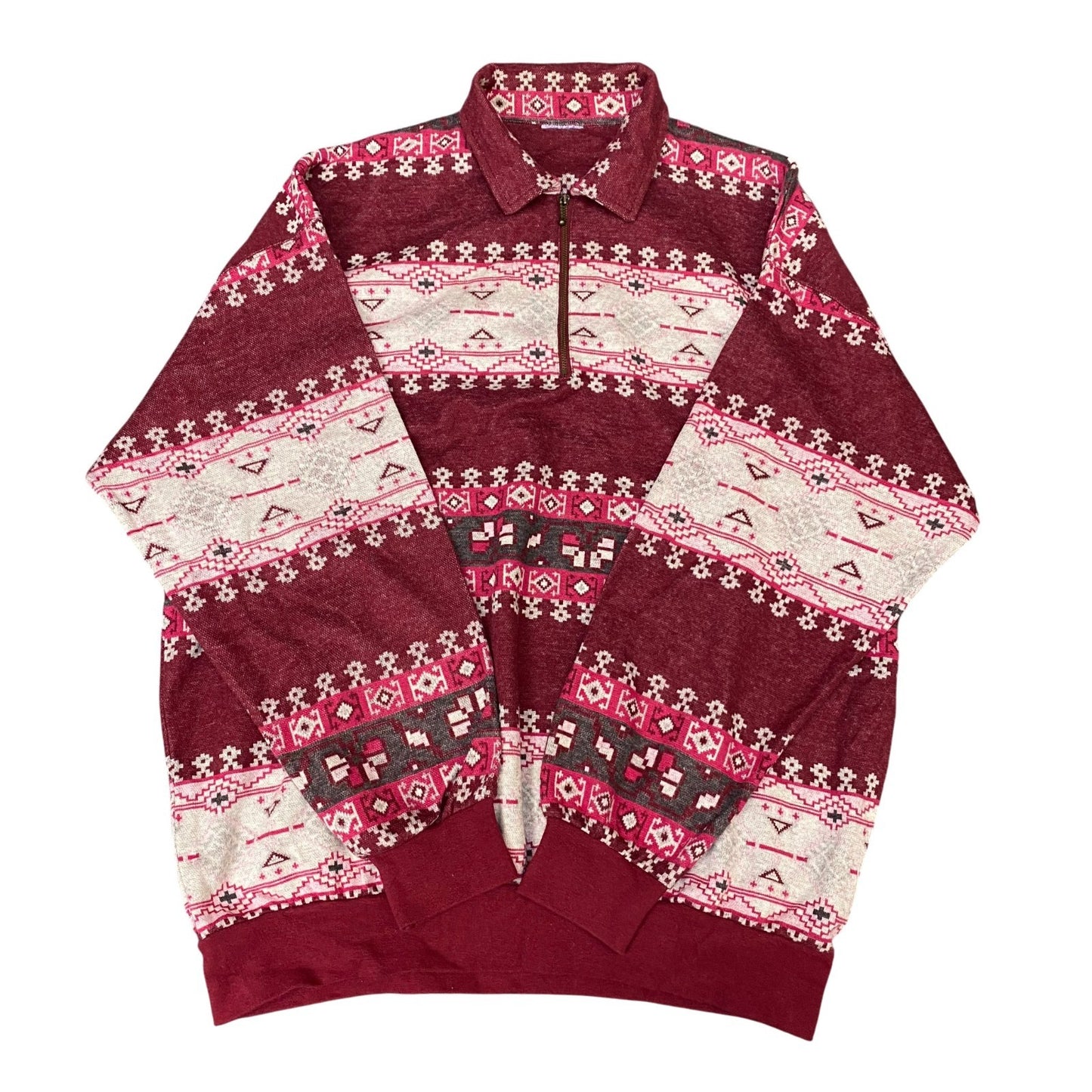 Jumper Mens Large Red Fair Isle Print Long Raglan Sleeve Quarter Zip Pullover