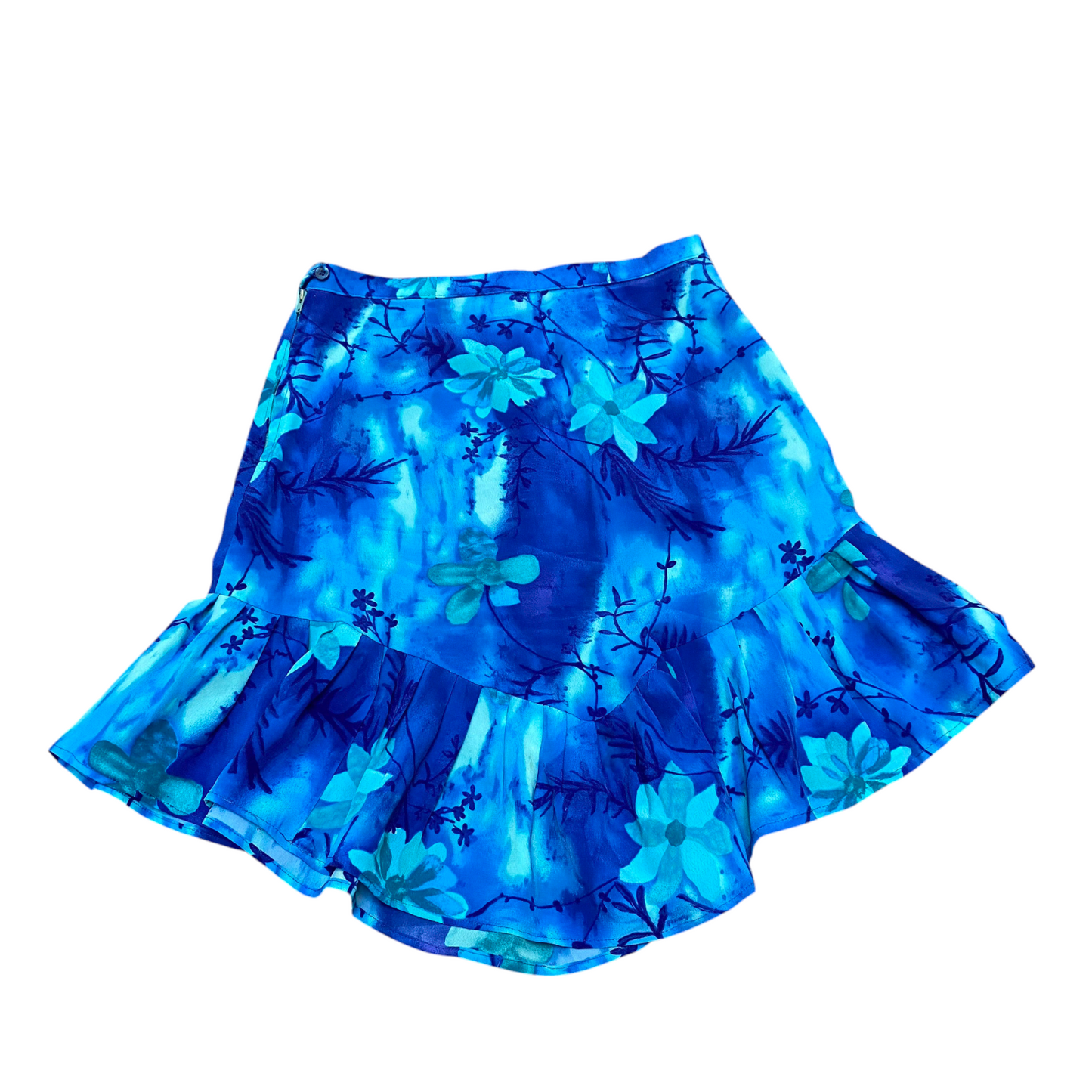 Womens Mini Skirt M Blue Floral Print Ruffled Hem Side Zipper Casual Low Waist