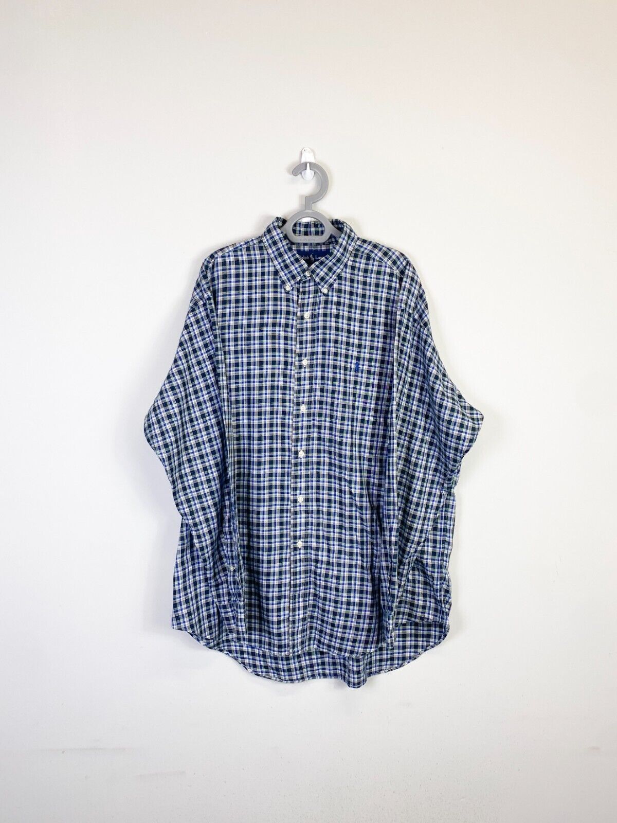 Ralph Lauren Shirt Mens Large Blue Plaid Blake Cotton Small Blue Polo Pony Logo