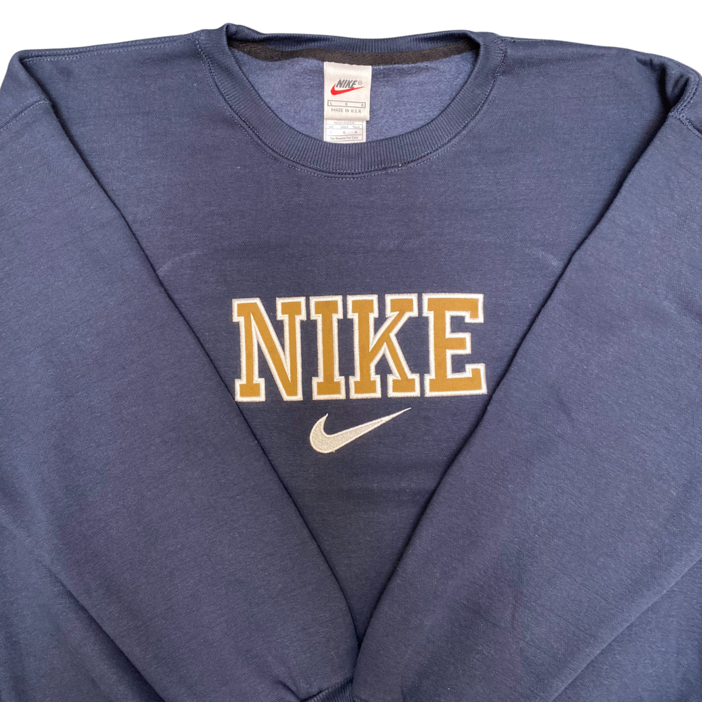 Nike Reworked Sweatshirt Men's L Blue Navy Embroidered Spellout Logo Crew Neck