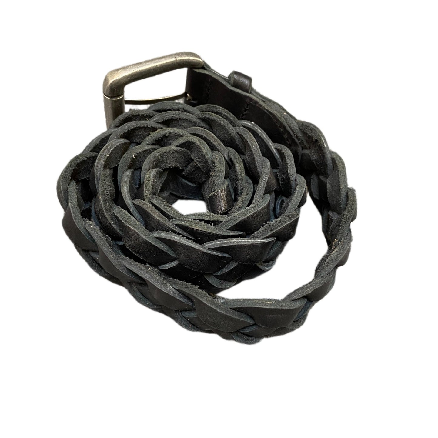 Waist Belt Mens Black Leather Braided Woven Silver Roller Buckle 40 Inches