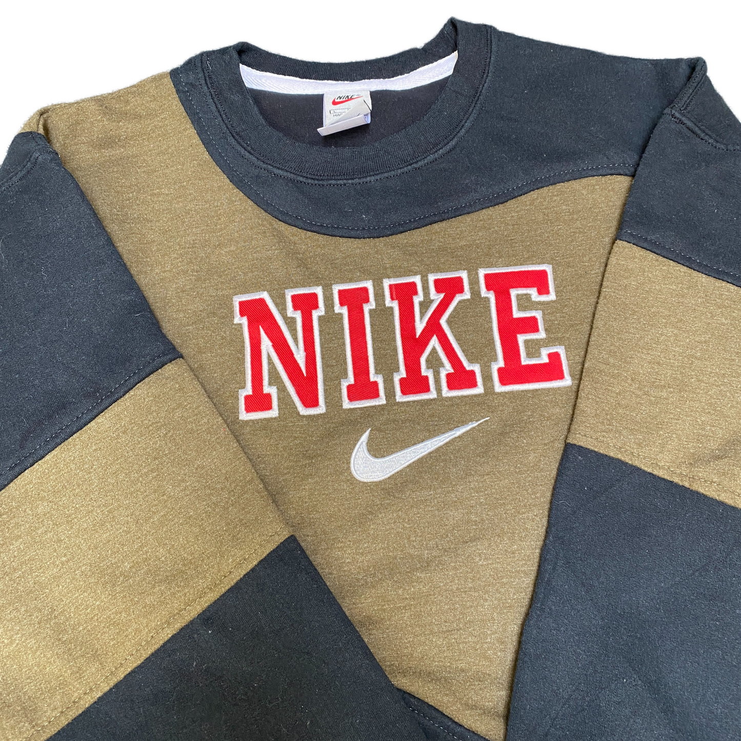 Nike Reworked Sweatshirt Men L Black Brown Embroidered Spellout Logo Vintage Y2K