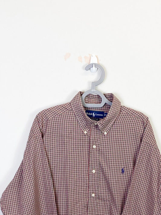 Ralph Lauren Shirt Mens L Brownish Plaid Classic Fit Small Blue Polo Pony Logo