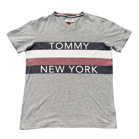 Hilfiger Denim T Shirt Mens Medium Grey Heather American Flag Striped Casual Tee