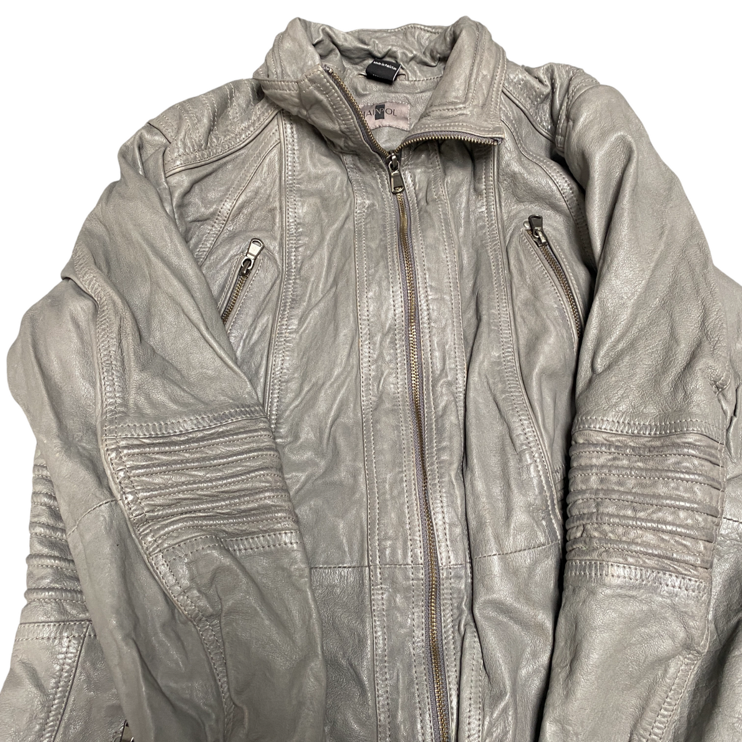 Mainpol Leather Motorcycle Jacket Womens M Grey Classic Fit Long Sleeve Full Zip