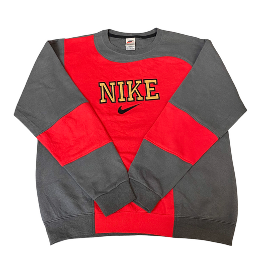 Nike Reworked Sweatshirt Mens Large Red Grey Embroidered Spellout Logo Vtg Y2K