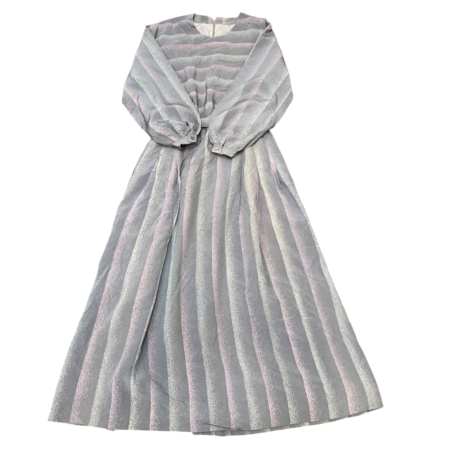 Long Maxi Dress Womens S Grey Striped Belted Balloon Sleeve Round Neck Back Zip