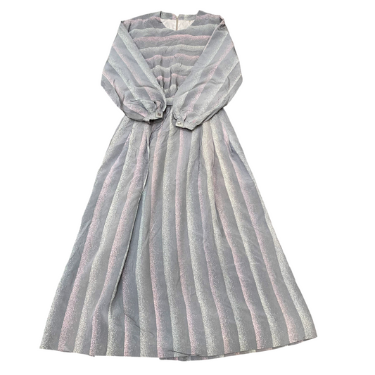 Long Maxi Dress Womens S Grey Striped Belted Balloon Sleeve Round Neck Back Zip