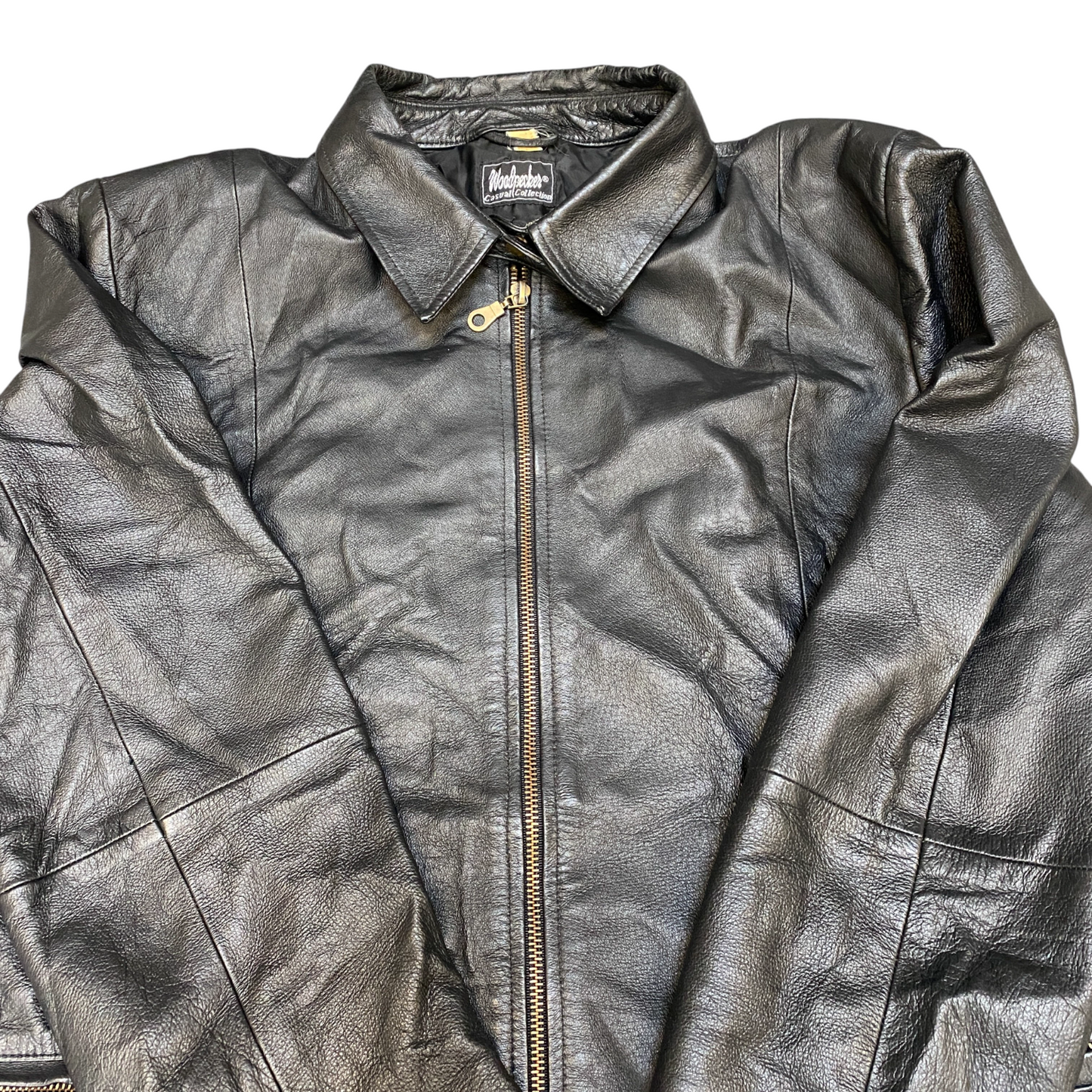 Woodpecker Genuine Leather Jacket Womens Large Black Lined Collared Full Zip