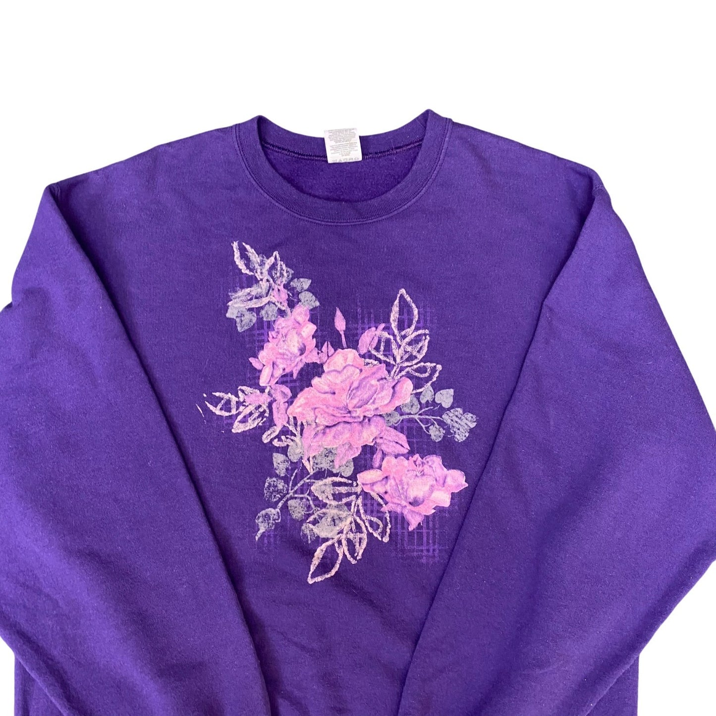 Jerzees Sweatshirt Womens Large Purple Floral Long Sleeve Crew Neck Pullover