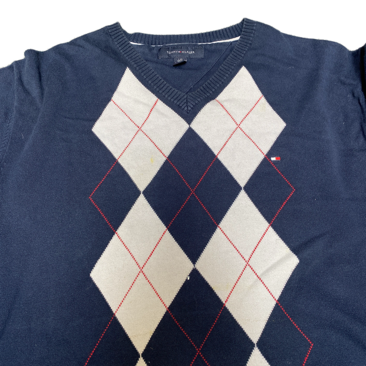 Tommy Hilfiger Jumper Mens Large Blue Argyle Diamond Embroidered V Neck Pullover
