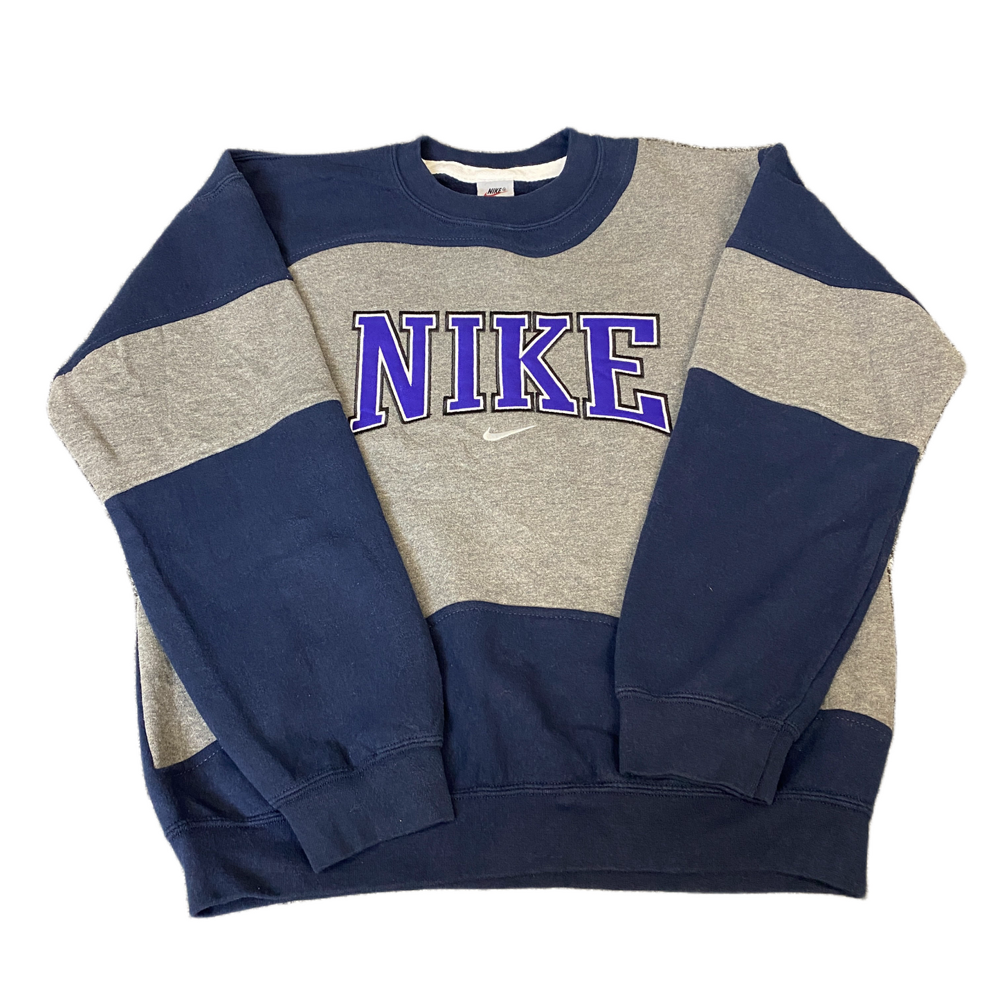 Nike Reworked Sweatshirt Mens M Grey Navy Embroidered Spellout Logo Vintage Y2K